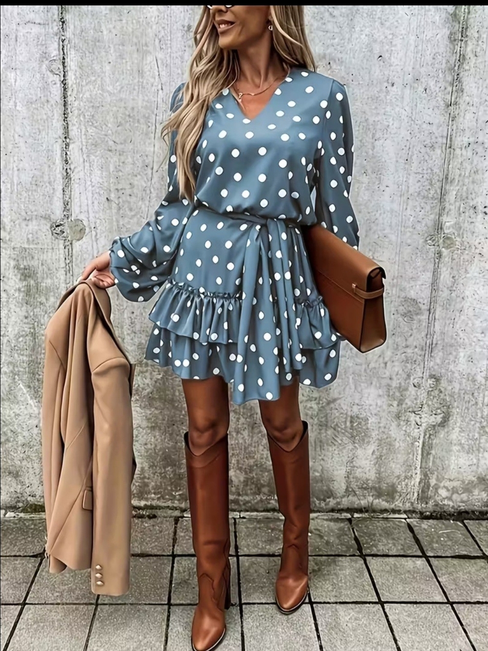 Polka Dot V-Neck Ruffle Mini Dress in Dusty Blue
